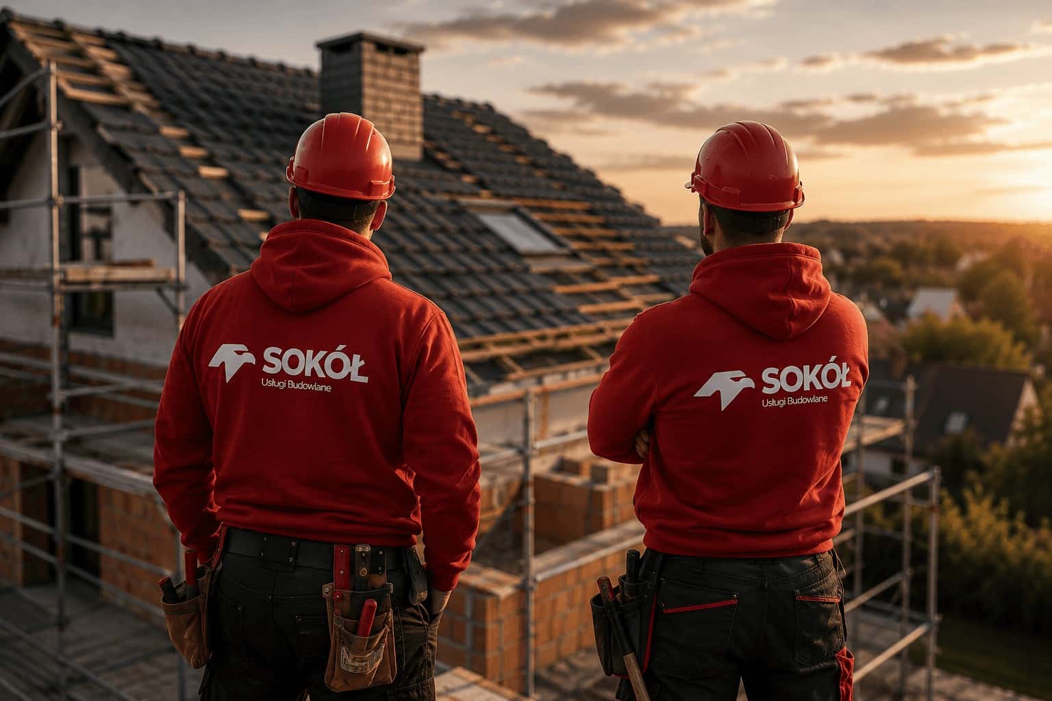 Dwóch pracowników SOKÓŁ w kaskach przed budynkiem z rusztowaniem i odkrytą więźbą dachową