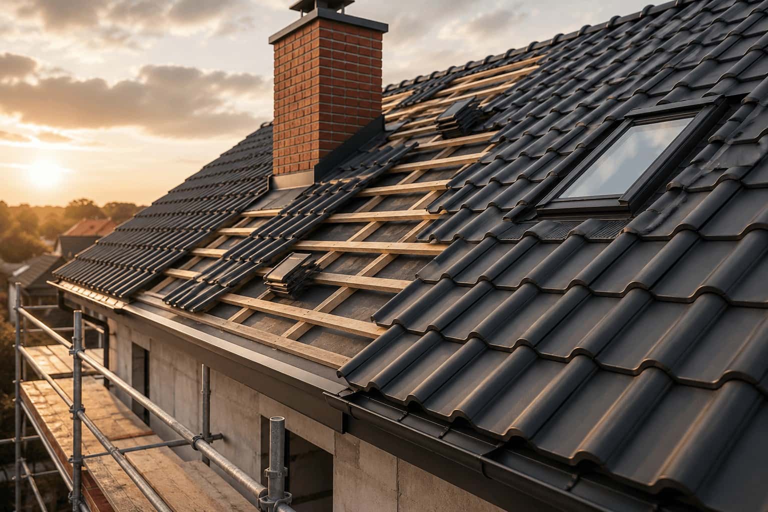 Dach w trakcie prac: łaty, ciemna dachówka ceramiczna i ceglany komin, rusztowanie przy okapie