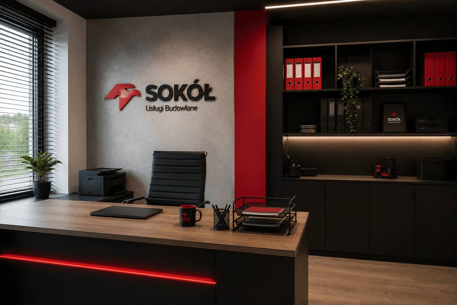 Biuro firmy SOKÓŁ z logo na ścianie, biurkiem i segregatorami